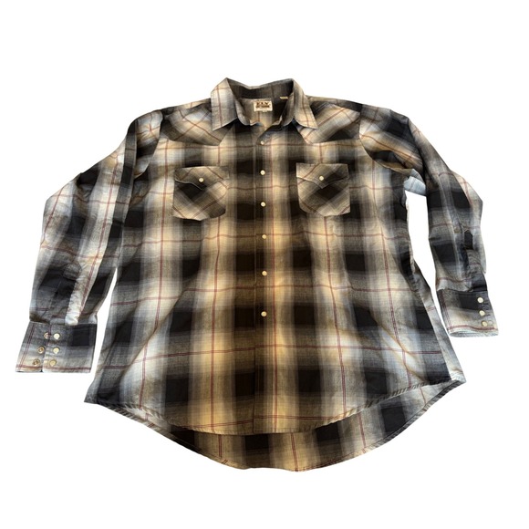 Ely Cattleman Other - Ely Cattleman Mens Plaid Western Pearl Snap Shirt XL Black White Rodeo Ranch